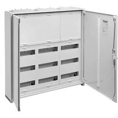 Armoire de distribution ouverte avec plusieurs compartiments et une porte s'ouvrant vers la droite. L'armoire est prévue pour le câblage électrique.