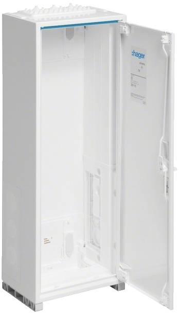 Armoire électrique blanche et ouverte de Hager avec zones intérieures visibles et informations sur les portes.