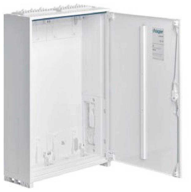 Boîte de distribution vide et ouverte, avec des supports et des compartiments individuels visibles à l'intérieur. Logo de marque visible sur la porte.