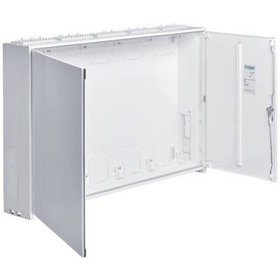 Boîtier électrique ouvert de couleur blanche avec plusieurs compartiments et portes. Adapté à l'organisation et la sécurisation du câblage électrique.