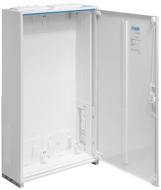 Un coffret de distribution Hager ouvert, blanc, avec un intérieur vide montrant des points de fixation et une plaque signalétique sur la porte.