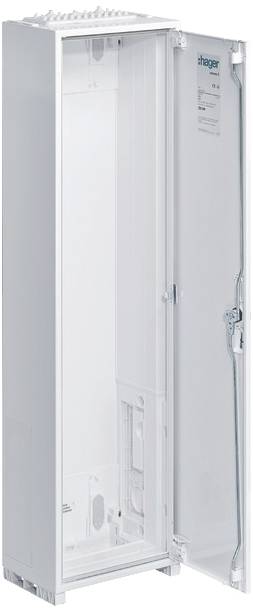 Armoire de distribution électrique blanche et ouverte, adaptée aux systèmes d'installation électrique dans les bâtiments.