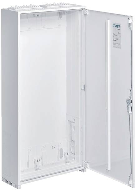 Armoire de distribution blanche ouverte sans composants électriques visibles. À gauche, la face avant de l'armoire ; à droite, la porte ouverte.