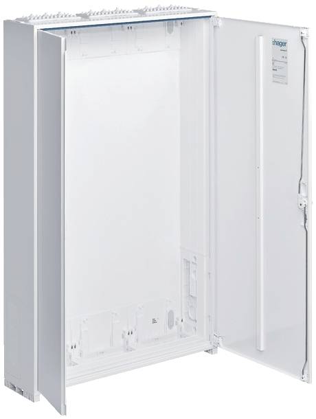 Un coffret électrique Hager vide, ouvert, sans composants installés, montré de face avec sa porte ouverte.