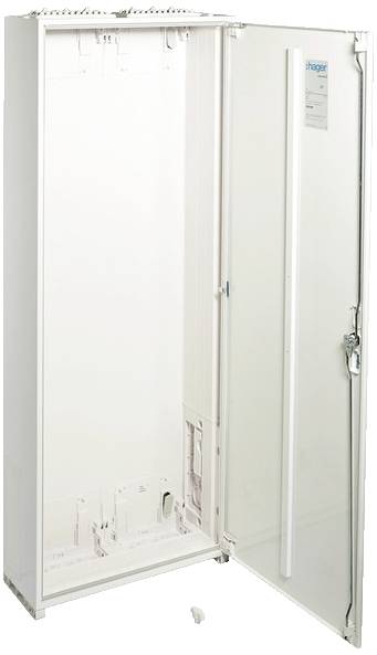 Boîtier de distribution blanc ouvert, sans contenu visible. Il est dressé verticalement avec sa porte complètement ouverte.