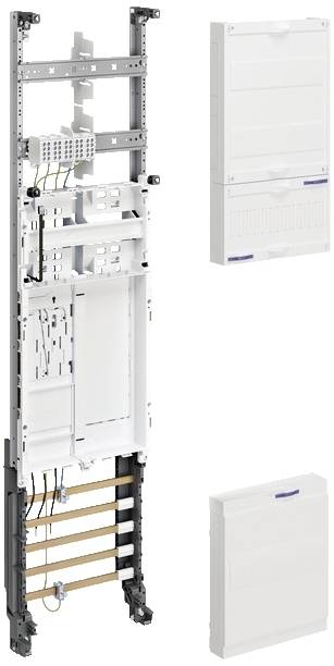 Boîte de distribution électrique avec composants internes visibles ; à côté, des boîtiers fermés de différentes tailles.