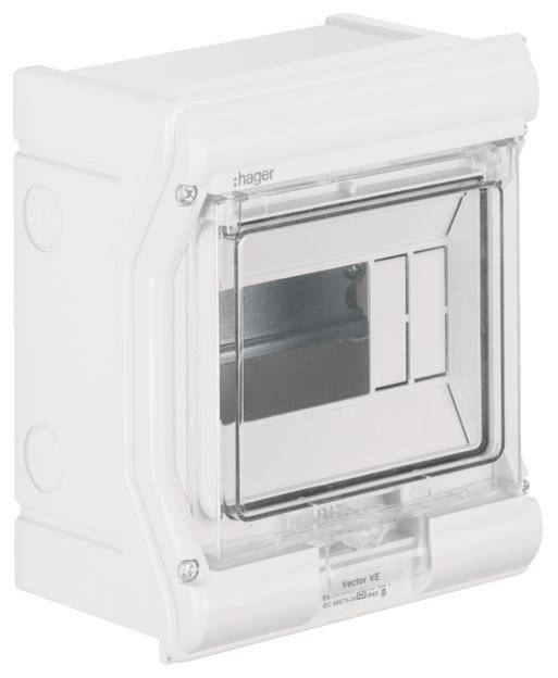 Boîtier de distribution électrique avec couvercle transparent, deux compartiments et l'inscription 'Hager Vector VE42'. Idéal pour une installation murale.