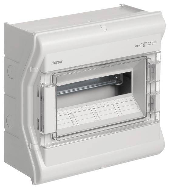 Boîtier électrique en plastique blanc avec couvercle transparent, ouverture horizontale et espace pour installations électriques.