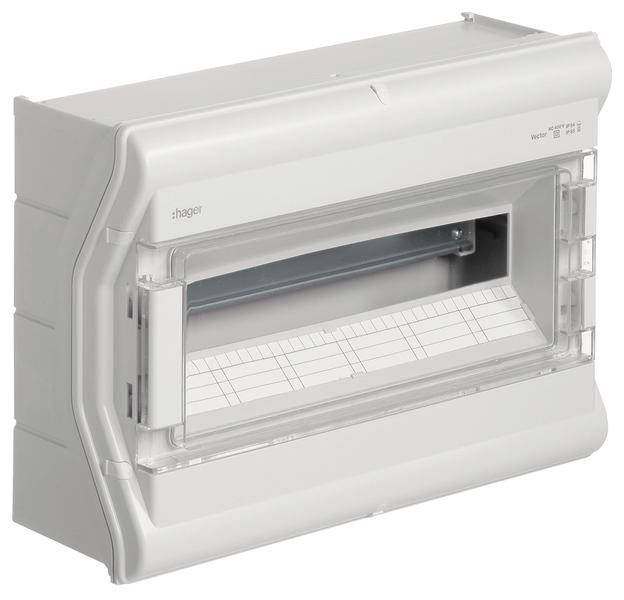 Un boîtier électronique gris, rectangulaire, avec une fenêtre transparente et refermable, et une zone d'étiquetage blanche en-dessous.