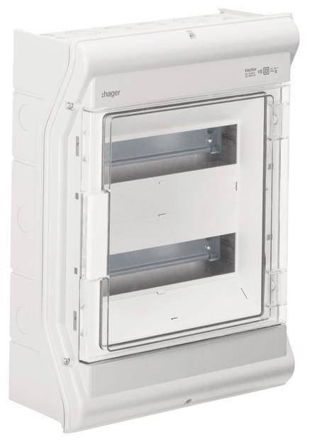 Coffret de distribution électrique Hager, blanc, avec couvercle rabattable transparent, adapté pour l'installation dans les murs de bâtiments.
