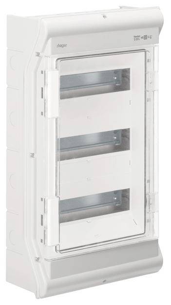 Un boîtier de protection blanc avec une porte transparente. Le boîtier dispose de trois rails vides pour le montage de disjoncteurs.