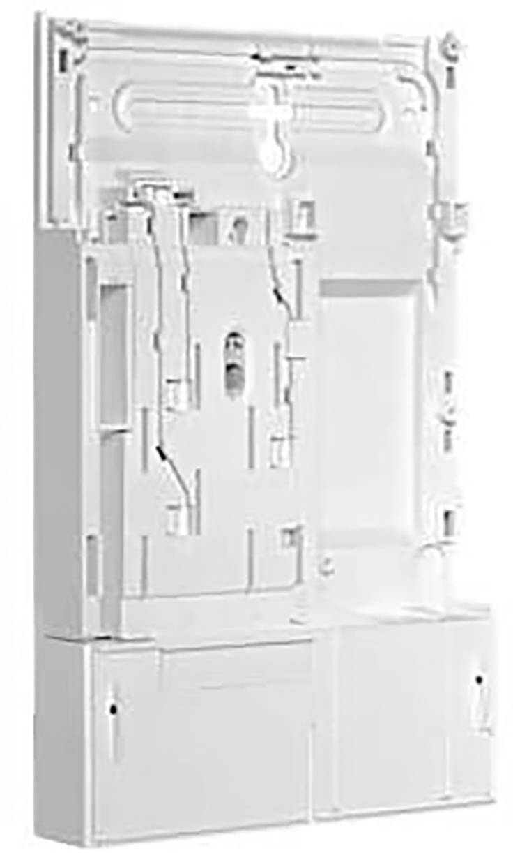 Support en plastique blanc, monté verticalement. Comprend des découpes et des points de fixation pour composants ou dispositifs électroniques.