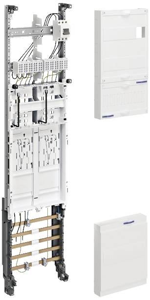 Un système d'armoire électrique ouvert avec des câbles et des composants visibles, à côté de deux couvercles d'armoire électrique fermés.