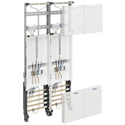 Un boîtier de distribution ouvert montre le câblage et la structure internes. Plusieurs barres et lignes de courant sont visibles en haut et en bas.