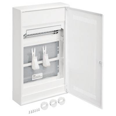 Un boîtier de fusibles ouvert avec deux supports blancs, contenant des vis de fixation et trois couvercles ronds en bas.