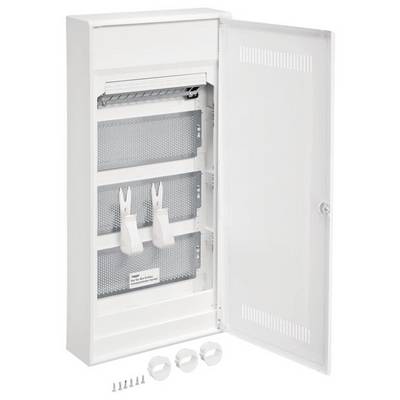 Un boîtier de distribution électrique blanc ouvert avec trois emplacements pour fusibles et connexions électriques, comprenant le matériel de montage.