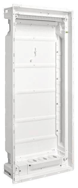 Un boîtier de distribution blanc vide avec plusieurs logements, adapté pour accueillir des installations électriques ou des fusibles.