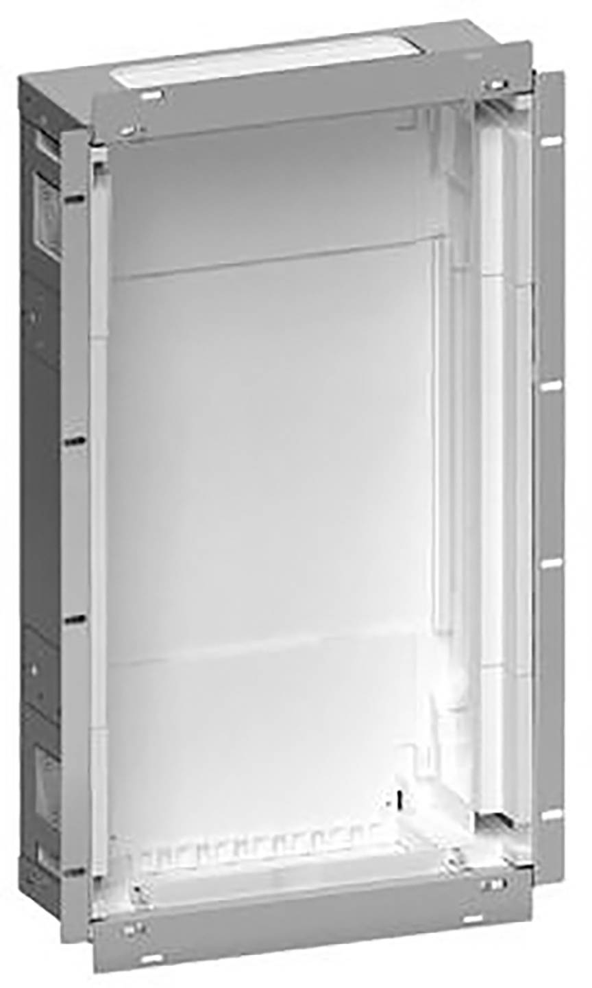 Boîtier pour appareils électroniques, rectangulaire, intérieur blanc avec cadre gris, adapté pour montage mural.