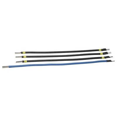 Quatre câbles noirs et un câble bleu placés côte à côte. Les câbles noirs ont des marquages jaunes, le bleu n'en a pas.