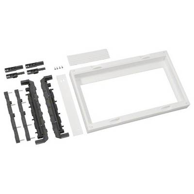 Sur l'image sont représentés différents composants d'un kit de montage en plastique blanc. On y trouve notamment un cadre rectangulaire et des pièces de fixation.
