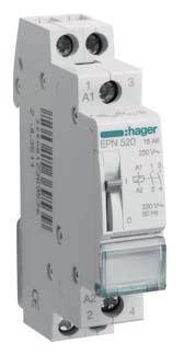 Un disjoncteur bipolaire blanc Hager modèle EPN520, adapté pour 230/400V, 16A, avec interrupteur à bascule et plusieurs bornes de connexion.