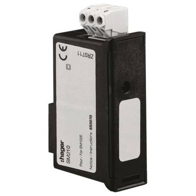 Un compteur électrique noir Hager, modèle SM210, avec trois bornes de connexion en haut. Marquages CE et ZR0711 visibles.