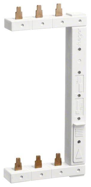 Pièce en plastique blanc avec contacts métalliques, utilisée comme composant électrique pour la distribution du courant. Adapté pour une installation modulaire.