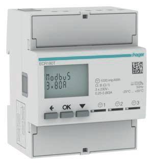 Un appareil de mesure électrique numérique avec affichage indique 'Modbus 3x80A', des boutons de commande en dessous, adapté pour un montage sur rail DIN.