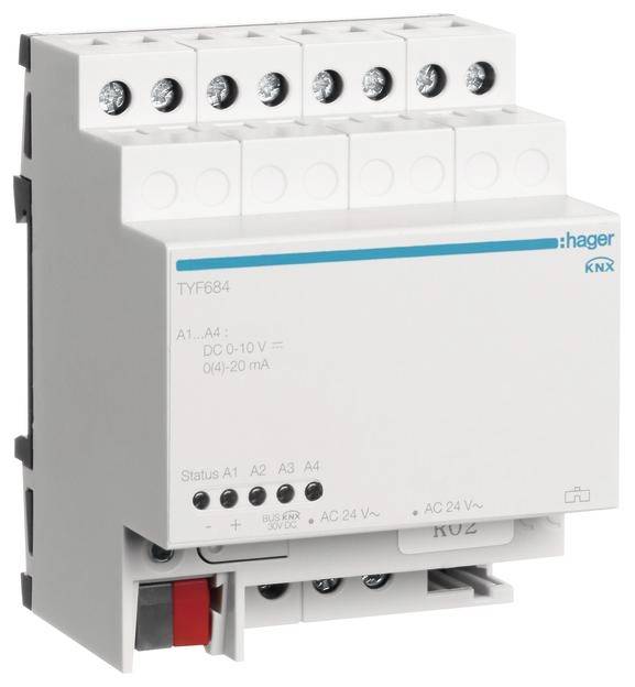 Un module électrique blanc KNX avec plusieurs connexions et étiquettes. Il présente les modèles 'TYF684' et 'Hager'.