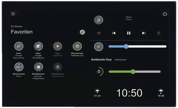 Tablette avec interface de contrôle domotique. Affiche des icônes de favoris, la commande musicale, la luminosité et la température du salon et de la chambre à coucher. Heure en bas à droite : 10:50.