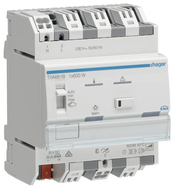 Un actionneur de commutation KNX blanc Hager avec trois interrupteurs, numéro de modèle TXA661B, pour 230 V, 50/60 Hz. Il dispose d'options de réglage pour Auto, Min, Max et d'une fonction d'apprentissage.