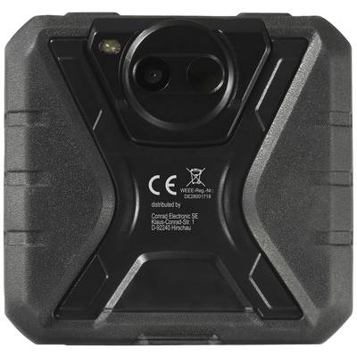 Dos d'un appareil photo noir avec deux objectifs et marquage CE, distribué par Conrad Electronic SE.