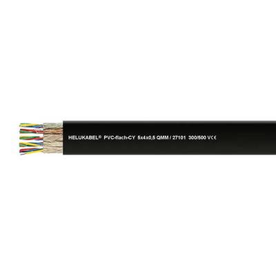 Câble noir multibrins avec conducteurs internes colorés mis à nu. Marquage : 'HELUKABEL PVC-plat-CY 5x4x0,5 QMM/27101 300/500 VCE'.