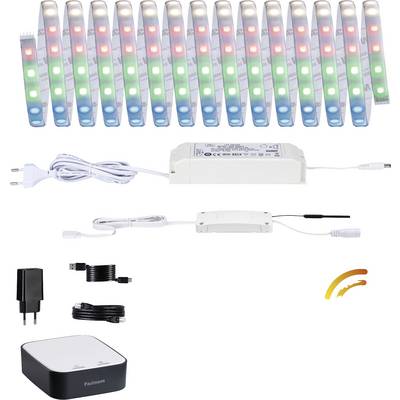 Guirlande lumineuse à LED avec modules lumineux rouge, vert et bleu. Comprend un bloc d'alimentation, un câble, un adaptateur et un dispositif de contrôle pour la gestion de l'éclairage.