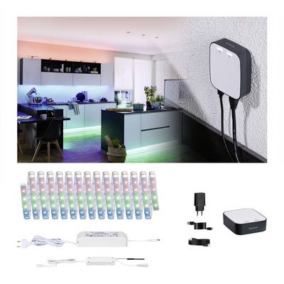 Cuisine moderne éclairée avec des bandes LED colorées. Accessoires : alimentations électriques, câbles, contrôleur LED. Commande et installation présentées.