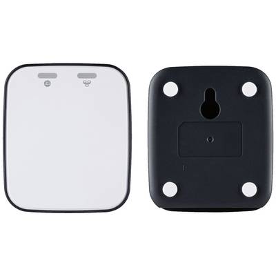 Deux vues d'un appareil carré blanc avec un bord noir et des symboles sans fil ; vue arrière montrant des options de fixation murale.