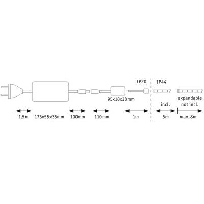 'Schéma de câblage électrique avec dimensions : câble de 1,5 m, adaptateur 175x55x35 mm, 100 mm, 95x18x38 mm, 110 mm, 1 m (IP20), prolongeable jusqu'à 5 m (IP44), max. 8 m.'