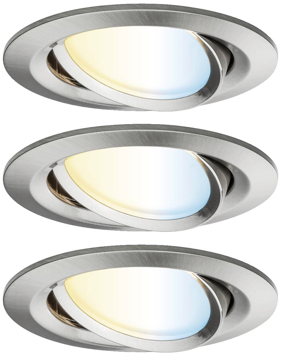 Trois projecteurs de plafond orientables avec différentes températures de couleur : blanc chaud, blanc froid et blanc neutre. Cadres en métal argenté.