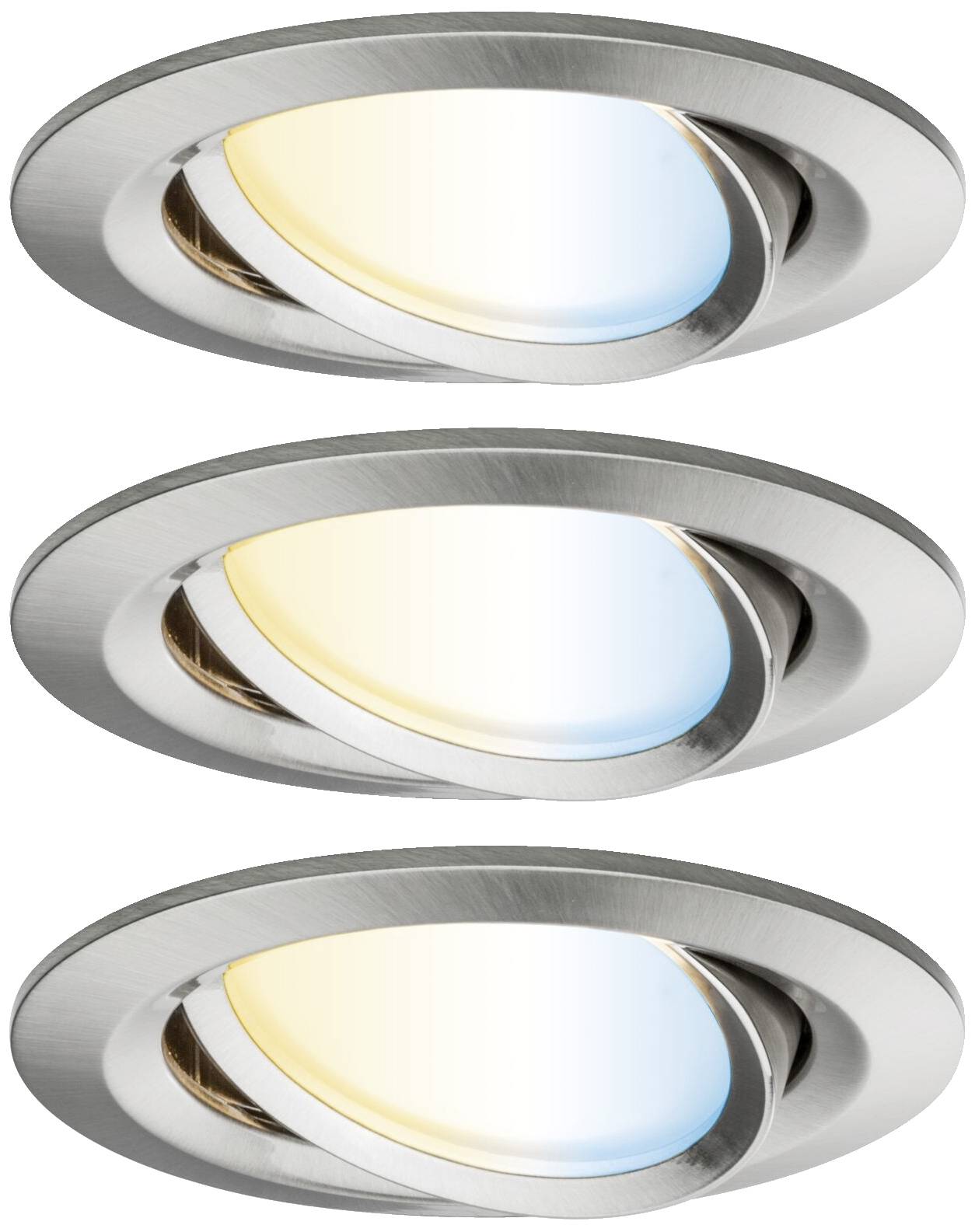 Trois luminaires encastrés de plafond circulaires à LED, avec des inserts ajustables, chacun dans des températures de couleur différentes allant du blanc chaud au blanc froid.