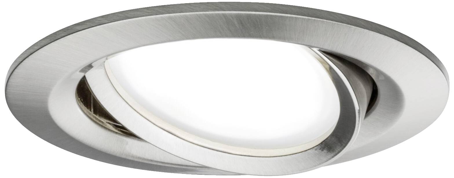 Un spot encastrable rond et ajustable en métal brossé, doté d'un cadre intérieur orientable, adapté à l'éclairage intérieur moderne.