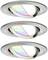 Trois luminaires de plafond circulaires à boîtier pivotant, projetant des faisceaux lumineux inclinés aux couleurs arc-en-ciel.