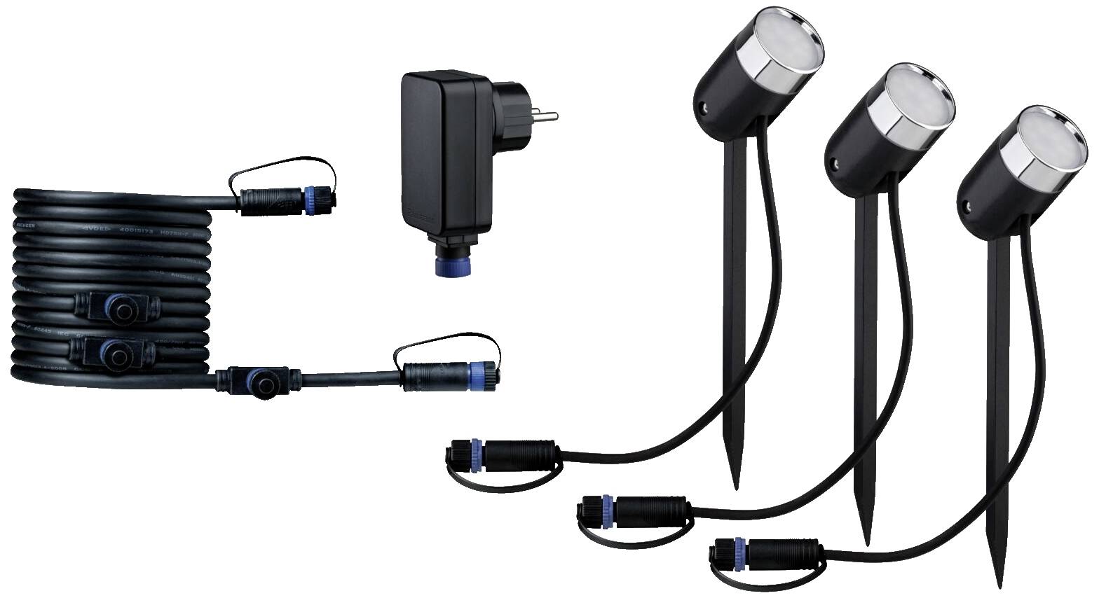 Trois projecteurs de jardin LED avec piquets de terre, câble de connexion et bloc d'alimentation. Adaptés à l'éclairage extérieur, économes en énergie et résistants aux intempéries.