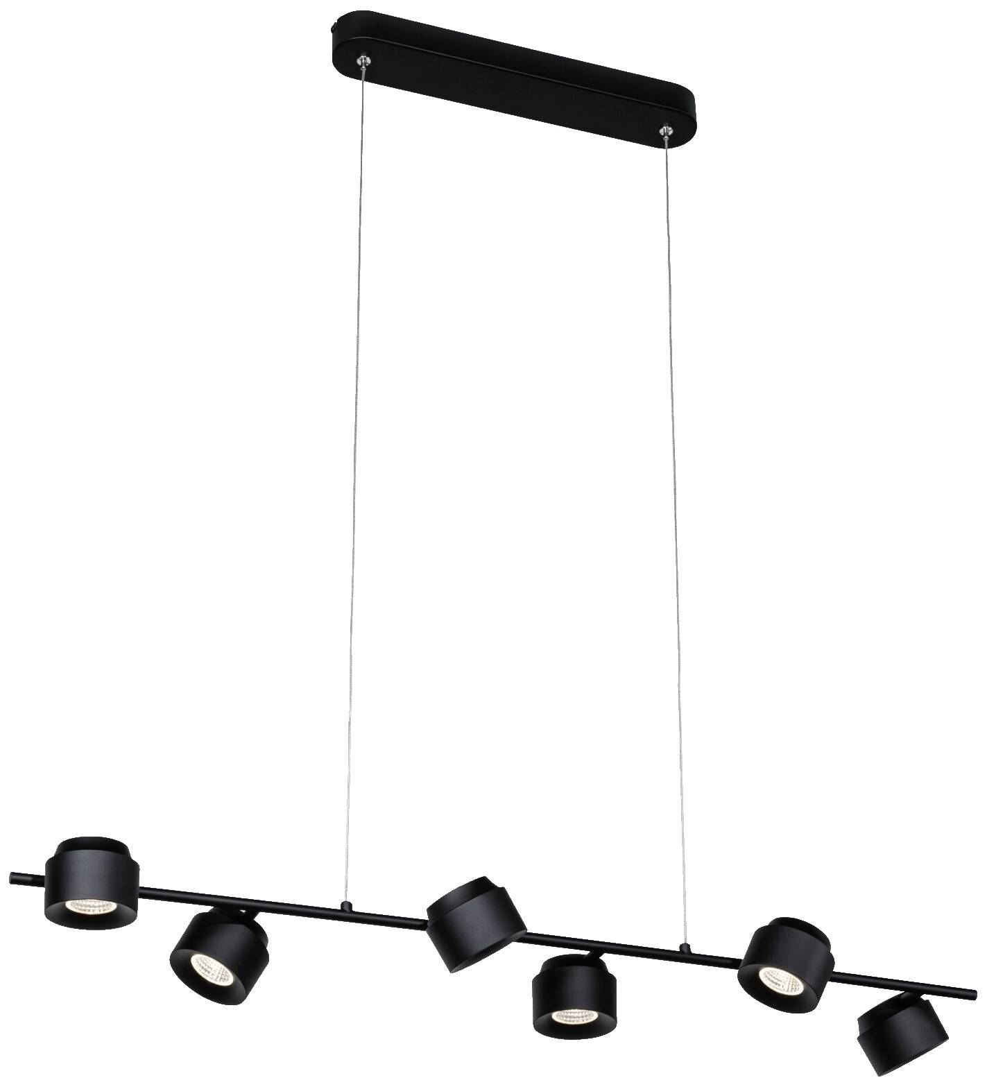 Suspension luminaire noir avec six lampes ajustables, fixées sur des fils fins, adapté à un intérieur moderne.