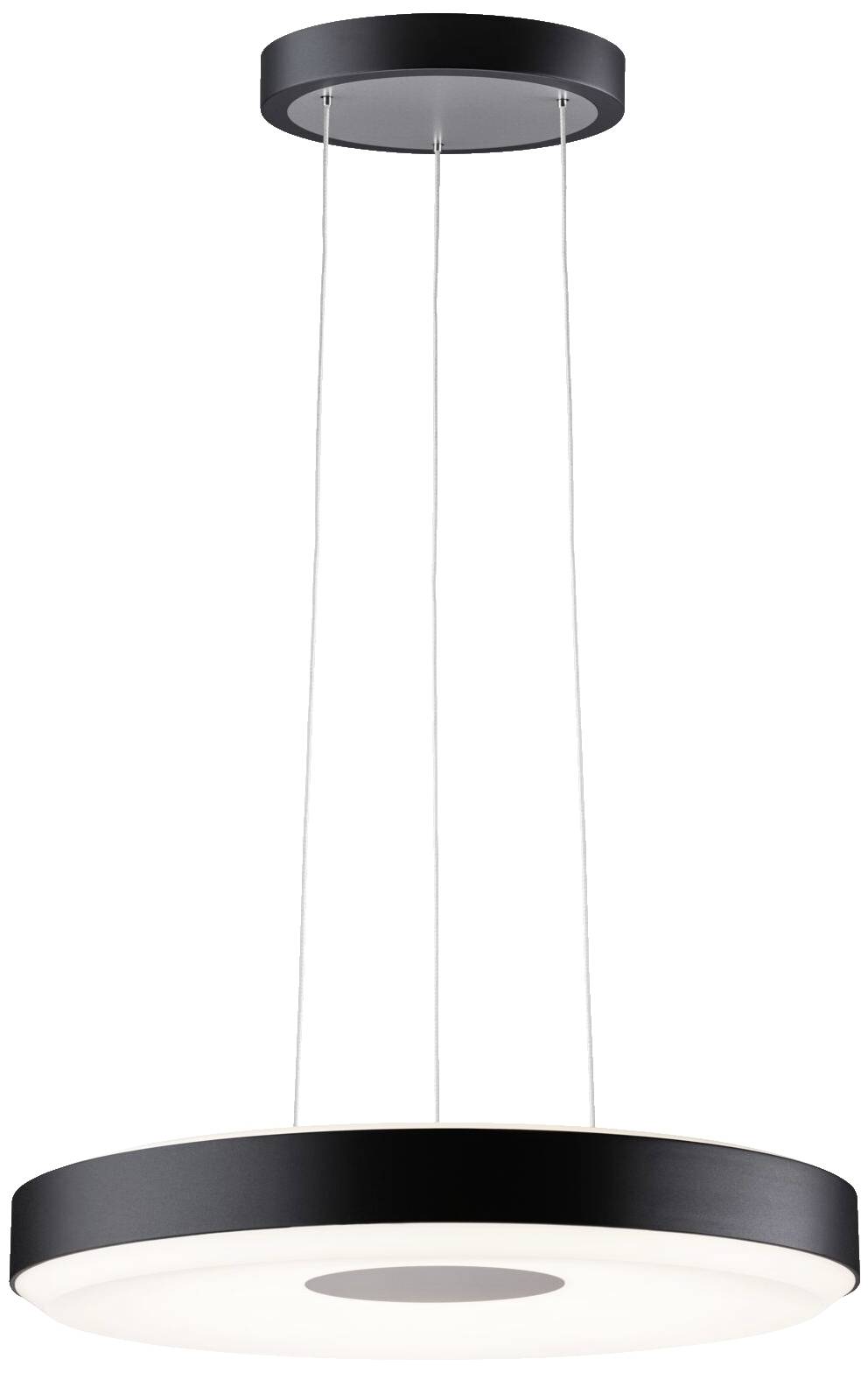Une lampe suspendue moderne, ronde, avec un cadre noir et un corps lumineux blanc, suspendue au plafond par quatre câbles.