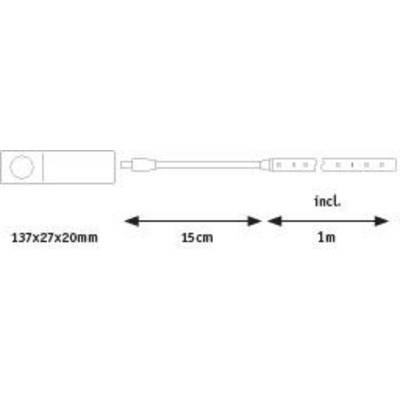 Le diagramme montre un composant électrique : un boîtier de 137x27x20 mm avec un câble de 1,15 m, dont 15 cm sont situés avant le câble principal.
