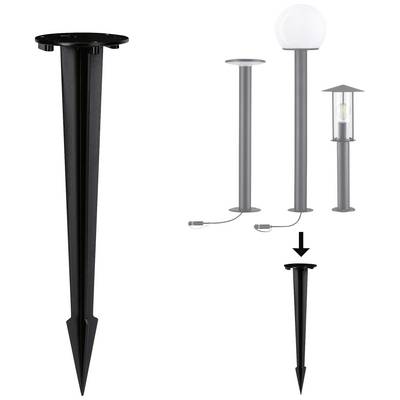 Piquet de terre noir pour la fixation de lampes de sol, illustré avec trois types de lampes différents : boule, cylindre et lanterne.