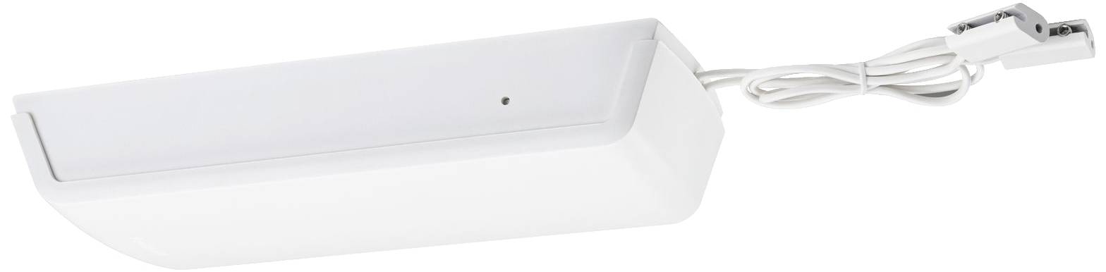 Luminaire LED blanc sous-meuble avec câble enfichable, adapté à l'éclairage des plans de travail de cuisine ou des étagères.