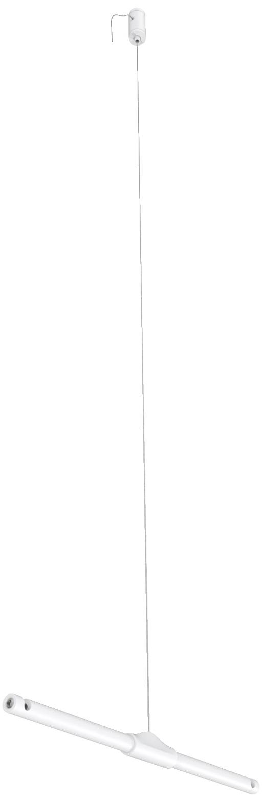 Suspension blanche, élancée, avec un long câble fin et un socle étroit ; design moderne.