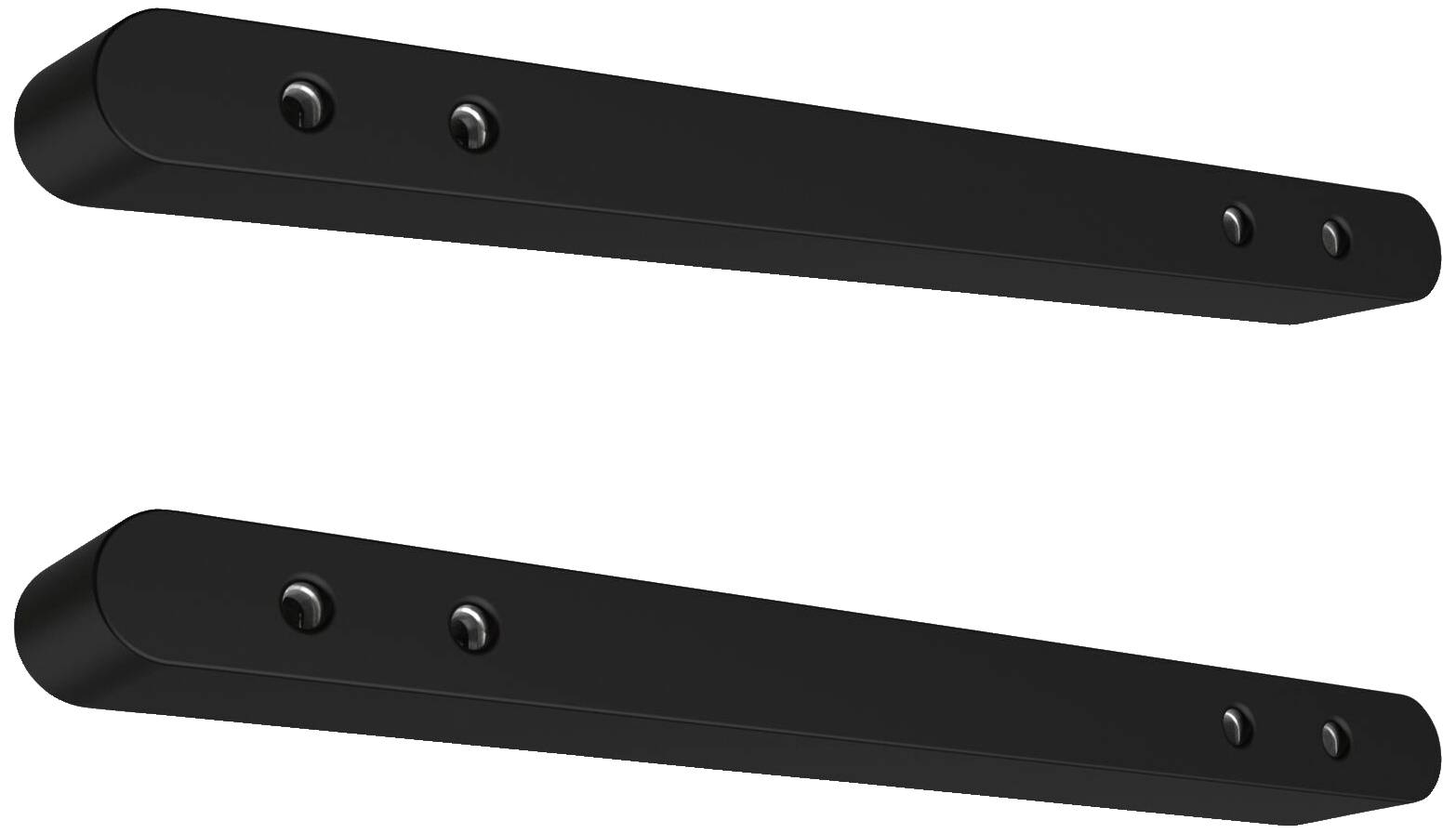 Deux supports métalliques noirs et allongés, chacun percé de deux trous de vis, disposés parallèlement.