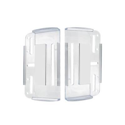 Deux pièces rectangulaires transparentes en plastique côte à côte, avec des découpes et des clips. Probablement des supports ou des couvercles.